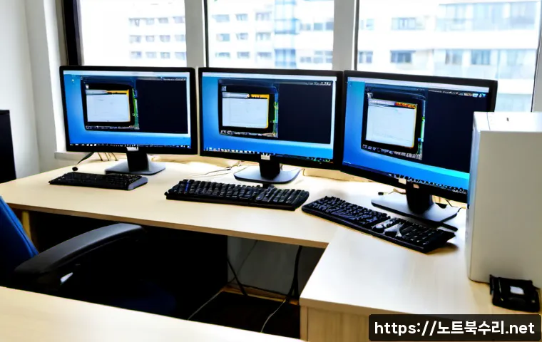 하계동 NMI_HARDWARE_FAILURE - Photorealistic IT support workstation in a compact Haegye-dong apartment office, dual monitors showi...