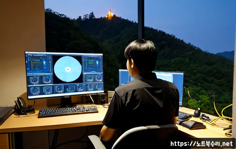 마천동 THREAD_TERMINATION_PORT - Photorealistic IT support workstation in a compact residential office near a wooded hillside distric...