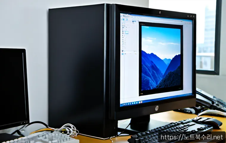 매룡동 INTERNAL_POWER_ERROR - Photorealistic IT support workstation in a quiet Maeryong-dong apartment office, a desktop monitor s...