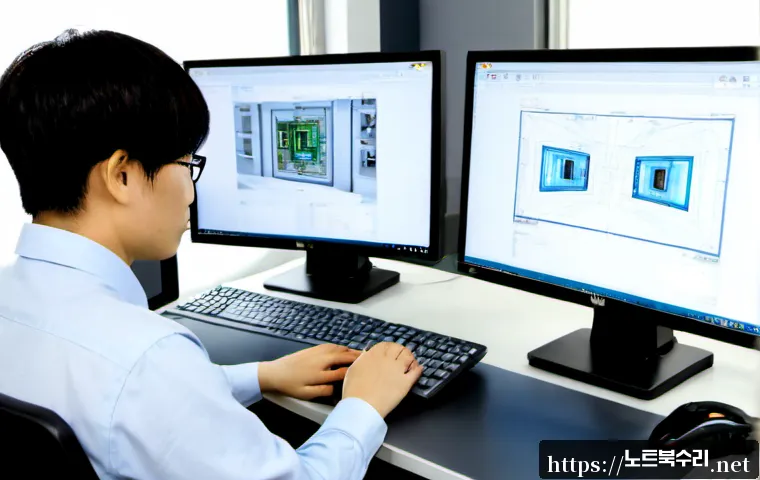 가산면 STATUS_INVALID_SESSION - Photorealistic Korean industrial office in Gasan-myeon, a technical support specialist studying a bl...