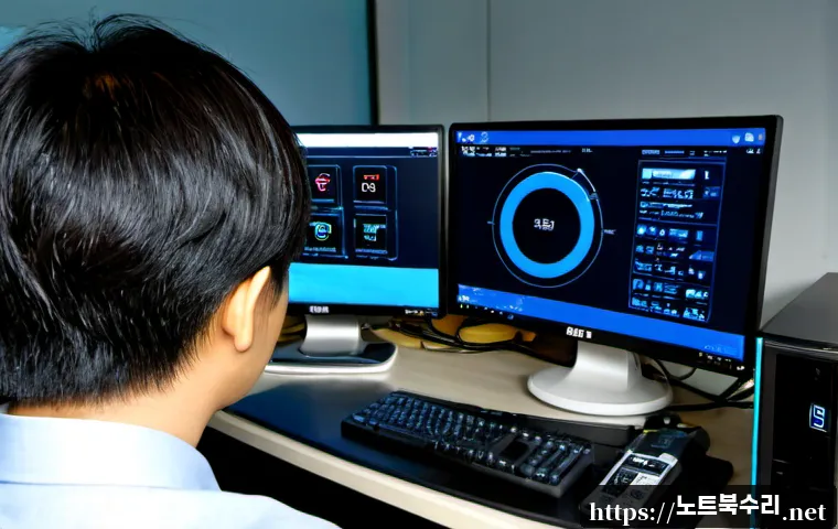 경동 DRIVER_PORTION_MUST_BE_NONPAGED - Photorealistic IT support workstation in a compact office near Kyungdong Market, dual monitors showi...