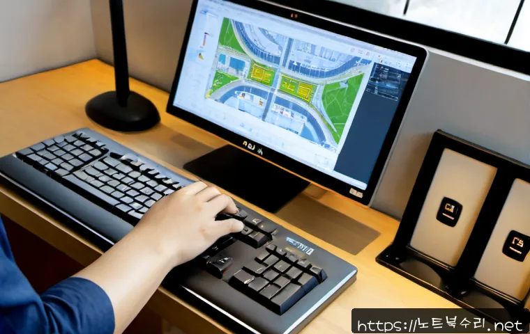 동구 press  f4  key - Photorealistic architectural CAD workstation in a Dong-gu design studio, an engineer pressing an unl...