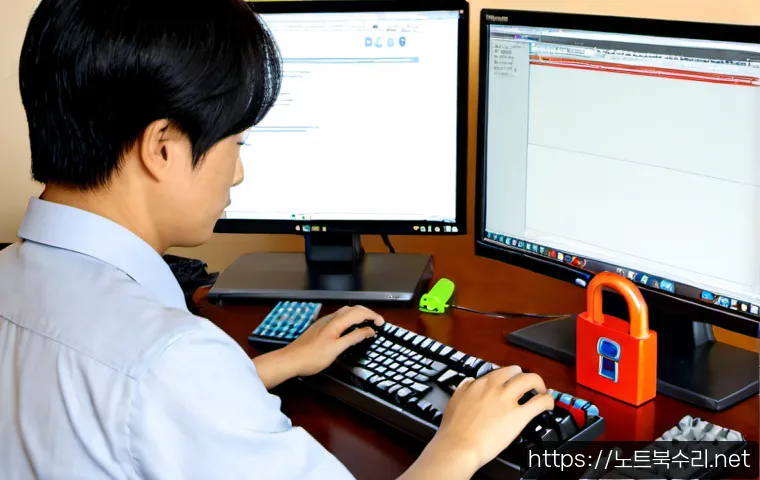 마장면 STATUS_INVALID_LOCK_SEQUENCE - Photorealistic IT support workstation in a quiet semi-rural Korean office, engineer reviewing a comp...