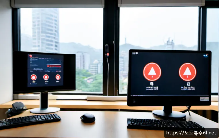 증산동 STATUS_NETWORK_ACCESS_DENIED - Photorealistic remote-support workstation in a compact Jeungsan-dong apartment office, dual monitors...