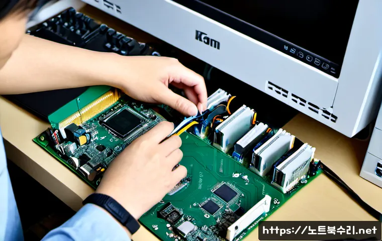 단현동 메모리조립 및 교체수리 - Photorealistic PC repair workstation in a compact local electronics service shop, technician wearing...