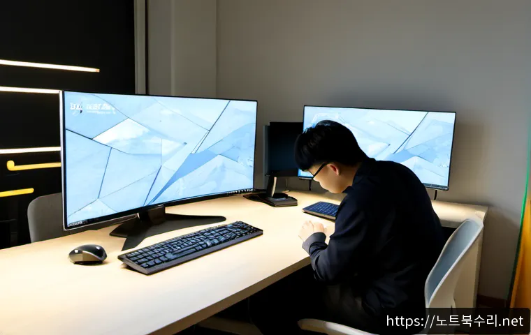 지영동 STATUS_KERNEL_LOG_FAILURE - Photorealistic IT support workstation in a compact Jiyeong-dong office, dual monitors showing abstra...