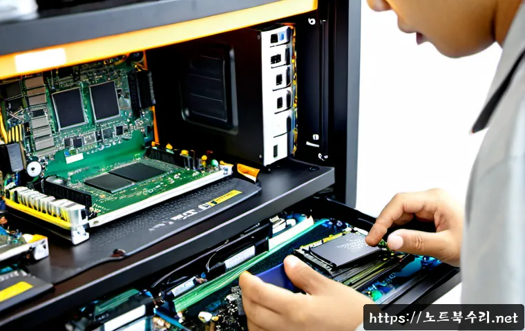 소사동 SSD조립 및 교체수리 - Photorealistic computer repair workstation in a compact Sosa-dong electronics shop, technician caref...