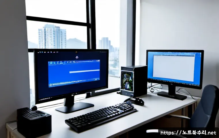역곡3동 VIDEO_TDR_FAILURE - Photorealistic IT support workstation in a compact apartment office, dual monitors showing a blank c...
