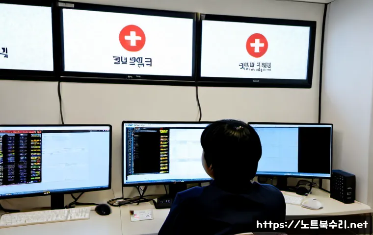 독산동 STATUS_MODULE_NOT_FOUND - Photorealistic IT support workstation in a compact Doksan-dong office, dual monitors showing a blank...