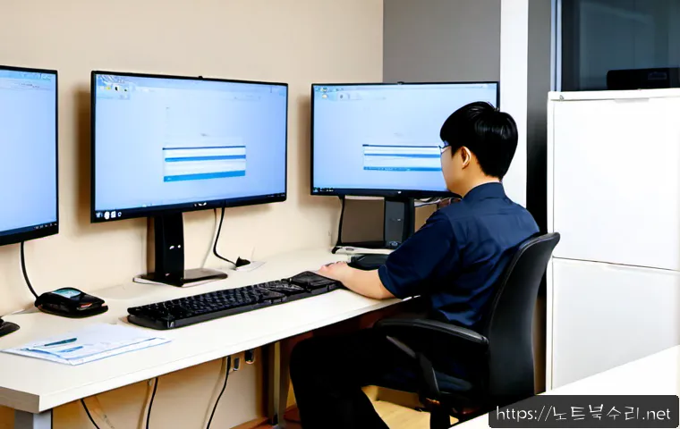 지축동 STATUS_SYSTEM_FILE_MISSING - Photorealistic remote-support workstation in a quiet Gijuk-dong apartment office, dual monitors show...