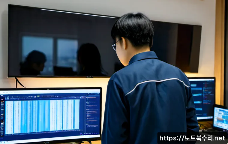 초이동 KMODE_EXCEPTION_NOT_HANDLED - Photorealistic remote IT support workstation in a compact Choi-dong apartment office, dual monitors ...