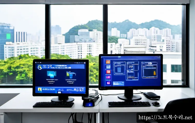영통구 CRITICAL_PROCESS_DIED - Photorealistic IT support workstation in a modern Yeongtong business district office, dual monitors ...
