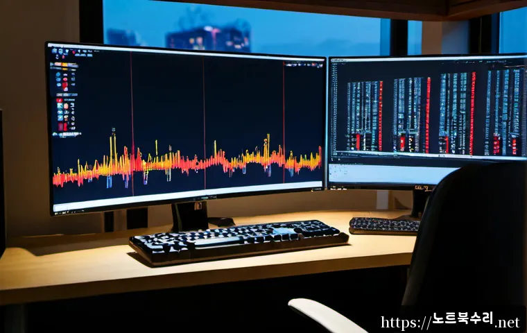토평동 STATUS_STACK_OVERFLOW - Photorealistic software engineer workstation in Topyeong-dong, late evening, dual ultrawide monitors...
