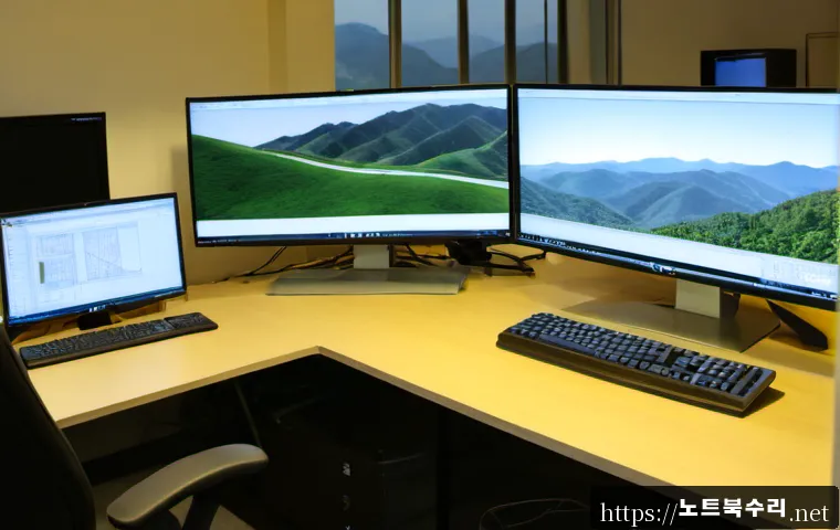평내동 STATUS_FILE_LOCK_CONFLICT - Photorealistic software support workstation in a Pyeongnae-dong apartment office, dual monitors show...