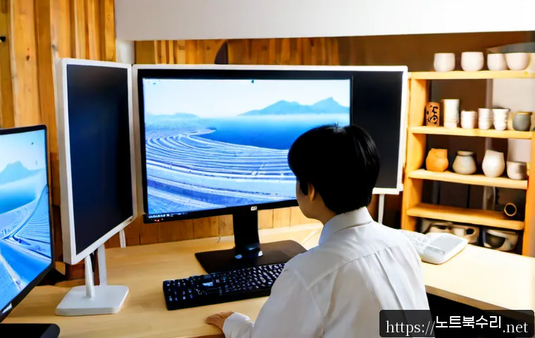 인사동 CLOCK_WATCHDOG_TIMEOUT - Photorealistic desktop support workstation in a traditional Korean art district studio, modern tower...