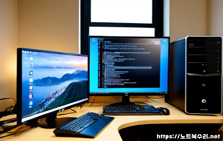 매룡동 BUGCODE_USB_DRIVER - Photorealistic compact PC repair workstation in a Maeryong-dong apartment study, dual monitors showi...