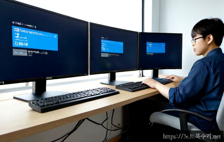 송촌동 NDIS_INTERNAL_ERROR - Photorealistic IT support workstation in a compact Korean neighborhood office, dual monitors showing...