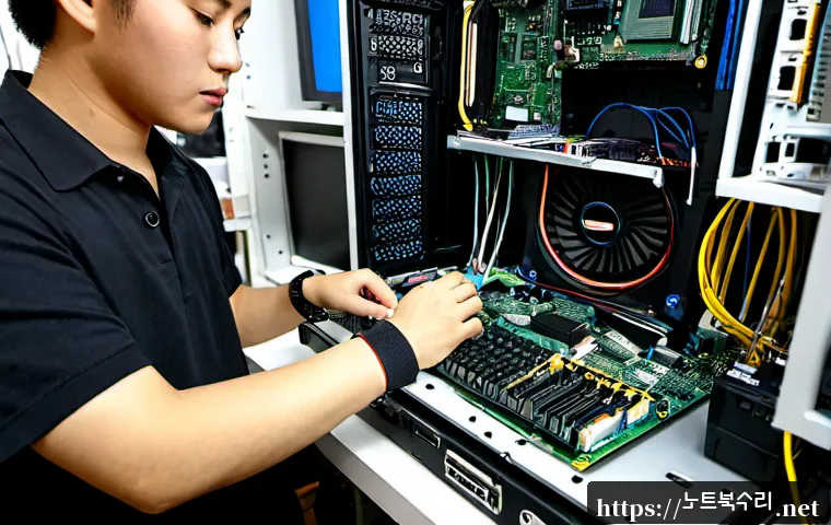 양상동 메모리조립 및 교체수리 - Photorealistic computer repair workstation in a compact Korean neighborhood electronics shop, techni...