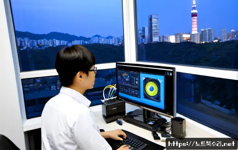 금토동 본체 꺼졌다 켜졌다 할때 - Photorealistic remote-support workstation in Geumto-dong, a desktop tower repeatedly powering on and...