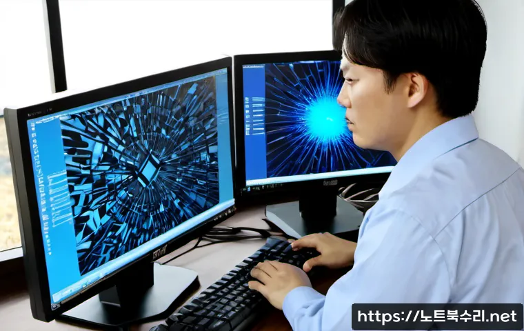 서신면 PAGE_TABLE_CORRUPT - Photorealistic IT technician at a clean workstation, diagnosing a desktop computer with a distorted ...