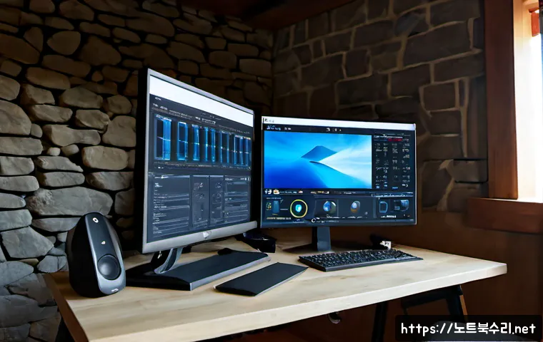 성북동 FAT_FILE_SYSTEM - Photorealistic remote-support workstation in a quiet hillside home office, dual monitors showing abs...