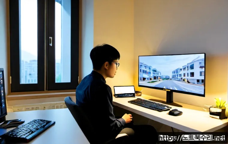 조원동 모니터화면 안나옴 - Photorealistic home office in a compact Suwon apartment, dual-monitor workstation with one monitor c...