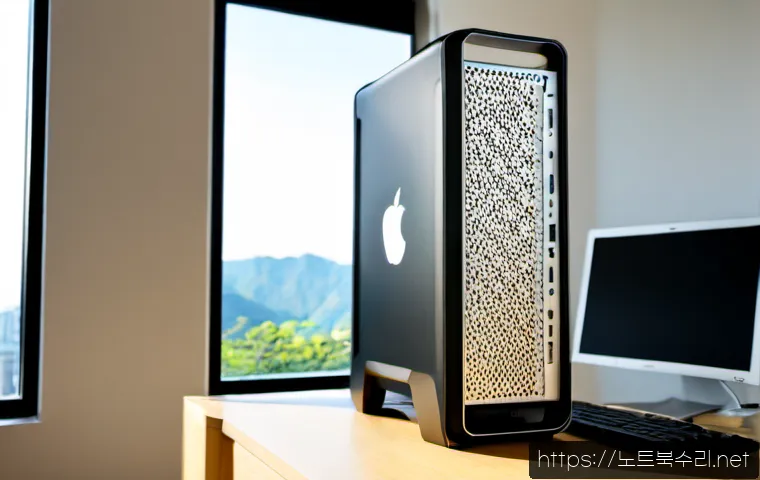양화동 해킨토시 재설치 포맷  초기화 - Photorealistic compact desktop workstation during a Hackintosh clean reinstall, unbranded silver tow...