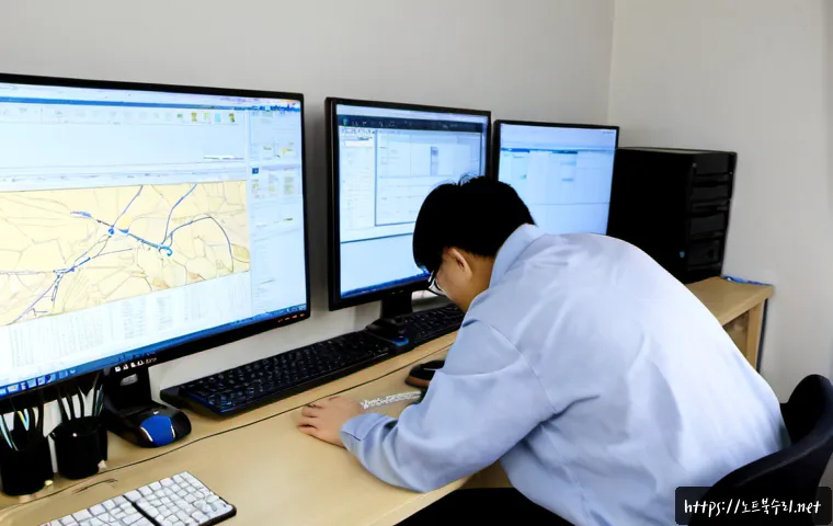 고양시 STATUS_MEMORY_OVERFLOW - Photorealistic remote-support workstation in Ilsandong-gu, Goyang, dual monitors showing abstract CA...