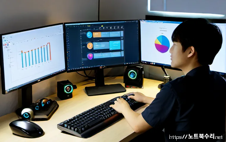 청구동 VIDEO_MEMORY_MANAGEMENT_INTERNAL - Photorealistic remote-support workstation in a compact Cheonggu-dong apartment office, dual monitors...