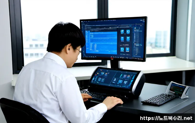 안산시 BAD_SYSTEM_CONFIG_INFO - Photorealistic IT support workstation in Ansan, South Korea, dual monitors showing abstract blue sys...