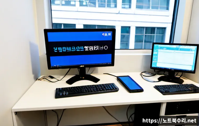 천호동 BUGCODE_USB_DRIVER - Photorealistic IT support workstation in a compact Cheonho-dong office, dual monitors showing a clea...