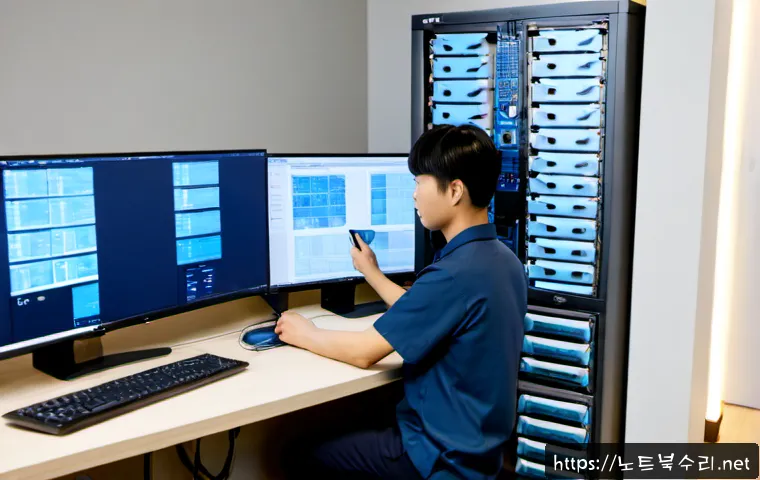 수서동 파일서버출장방문수리점 - Photorealistic IT technician repairing a rack-mounted file server in a compact Suseo-dong office, or...