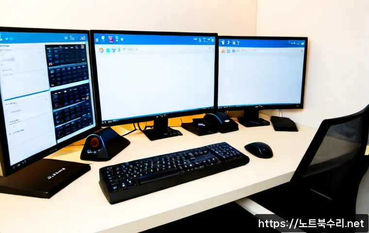 교남동 해놀로지 xpenology 구축 - Photorealistic remote-support workstation in a compact Gyonam-dong apartment office, dual monitors s...