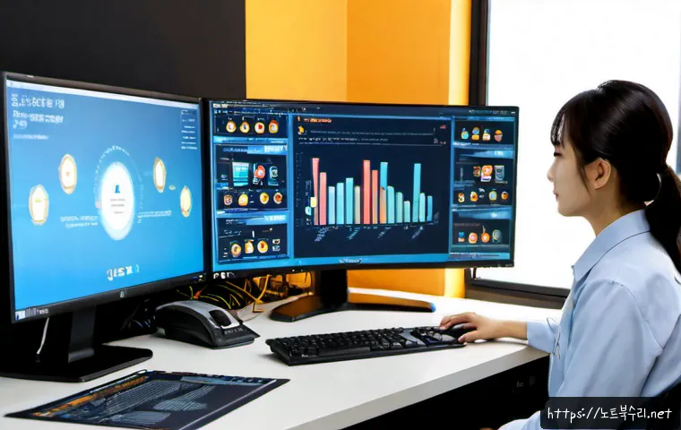 송학동 STATUS_KERNEL_DISK_ERROR - Photorealistic IT support workstation in a modest Songhak-dong office, dual monitors showing a text-...