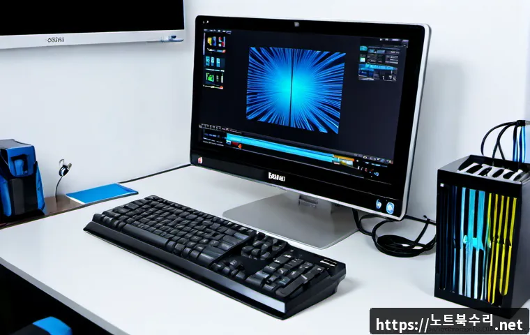 도선동 BAD_SYSTEM_CONFIG_INFO - Photorealistic IT support workstation in a compact Dosen-dong office, desktop monitor showing an abs...