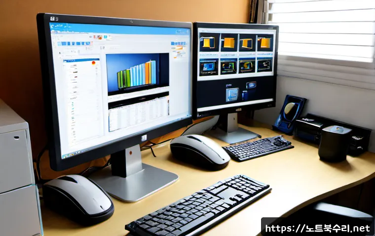 대방동 STATUS_DISK_READ_FAILURE - Photorealistic IT support workstation in a compact Daebang-dong office, dual monitors showing a clea...