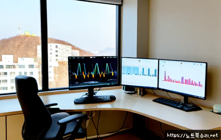 평안동 USER_MODE_HEALTH_MONITOR - Photorealistic remote health-monitoring workstation in a calm Pyeongan-dong apartment office, dual m...