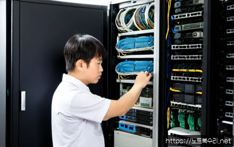 목상동 파일서버출장방문수리점 - Photorealistic IT technician performing on-site file server maintenance in a compact Moksa-dong offi...