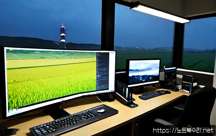 진건읍 STATUS_KERNEL_POWER_FAILURE - Photorealistic remote-support workstation in a quiet semi-rural Korean township office, dual monitor...
