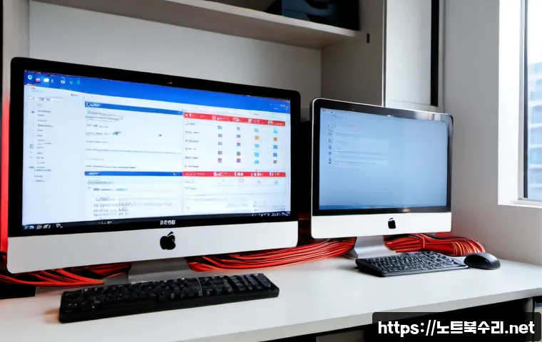 수진동 STATUS_DISK_FULL - Photorealistic IT support workstation in a compact Sujin-dong apartment office, dual monitors showin...