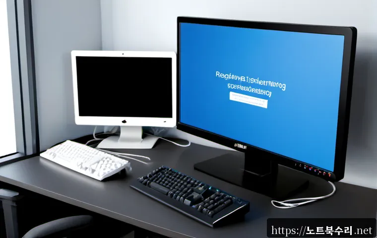 물왕동 STATUS_INSUFFICIENT_RESOURCES - Photorealistic IT support workstation in a compact apartment near a calm reservoir district, dual mo...