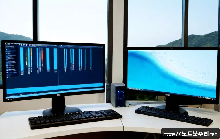 광암동 SYSTEM_THREAD_EXCEPTION_NOT_HANDLED - Photorealistic IT support workstation in a compact Korean apartment office, dual monitors showing ab...