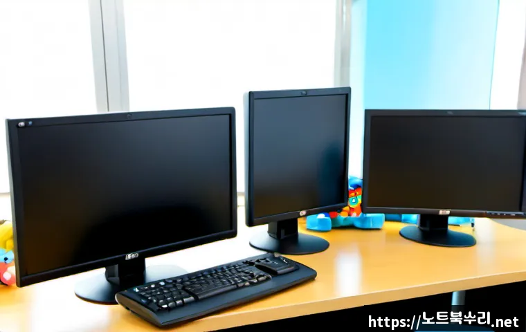아동동 STATUS_CONNECTION_REFUSED - Photorealistic remote-support workstation in a child-friendly community service office, dual monitor...