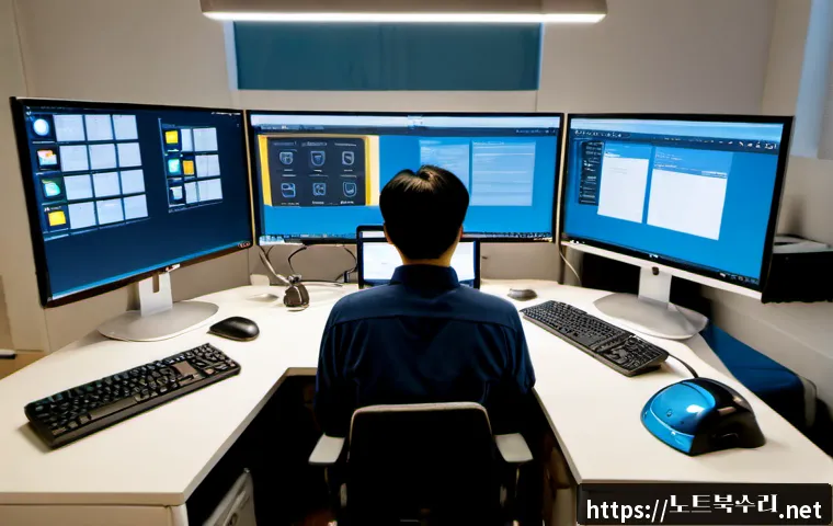 대학동 STATUS_SECURITY_POLICY_VIOLATION - Photorealistic remote IT support workstation in a compact university-neighborhood studio, dual monit...