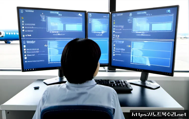 공항동 STATUS_KERNEL_INIT_FAILURE - Photorealistic IT support workstation in a quiet airport-adjacent office, dual monitors showing abst...