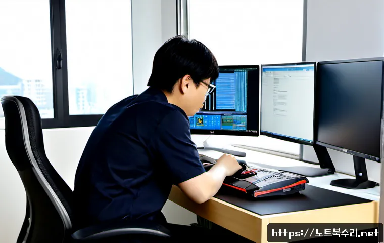 대천동 워크스테이션출장방문수리점 - Photorealistic on-site workstation repair in a compact Daechon-dong office, technician carefully res...