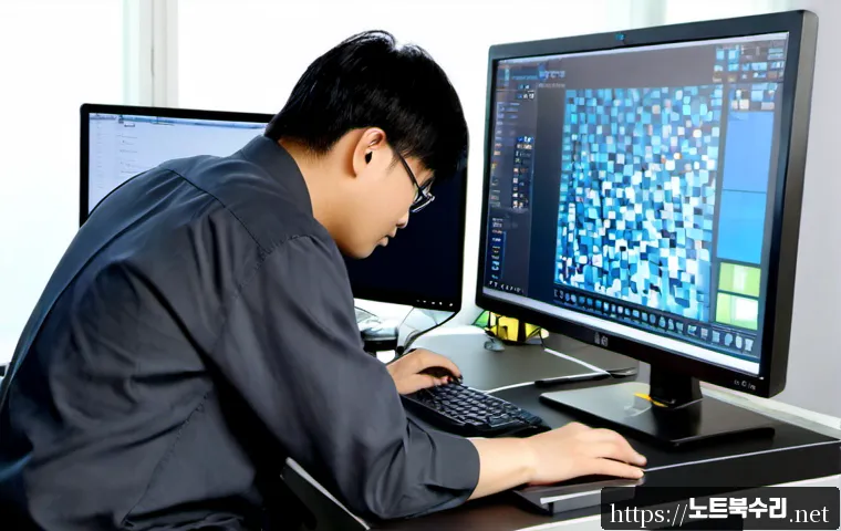 장곡동 VENDOR_DEFINED_ERROR - Photorealistic IT support workstation in a modern Janggok-dong office, technician studying a desktop...