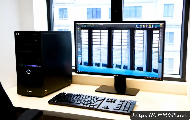 달안동 NMI_HARDWARE_FAILURE - Photorealistic IT support workstation in a compact Korean apartment office, dual monitors with one d...