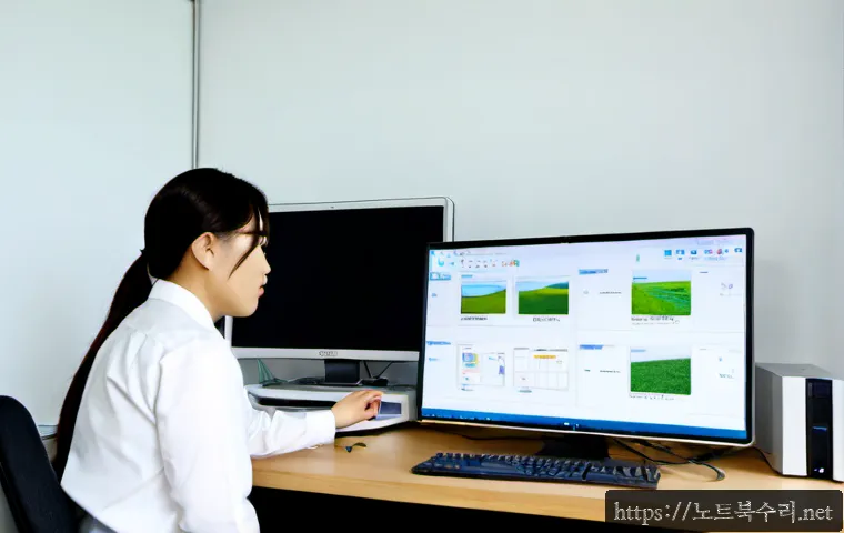 비봉면 IO_DEVICE_ERROR - Photorealistic rural office workstation in Bibong-myeon, frustrated technician viewing a blank stora...