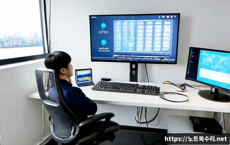 반포동 IO1_INITIALIZATION_FAILED - Photorealistic remote-support workstation in a refined Banpo apartment office, dual monitors showing...